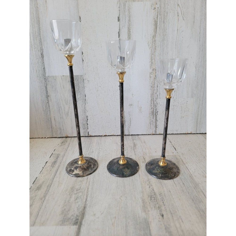 Landes crystal Italy brass candle holder set home decor - Picture 8 of 10